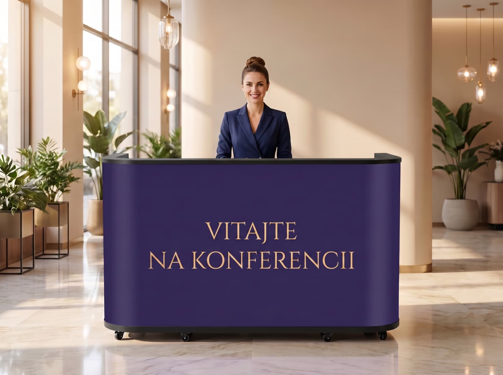 LED pult GMITTER MEDIA ako uvítací pult v hotelovej recepcii s nápisom Vitajte na konferencii (vizualizácia)